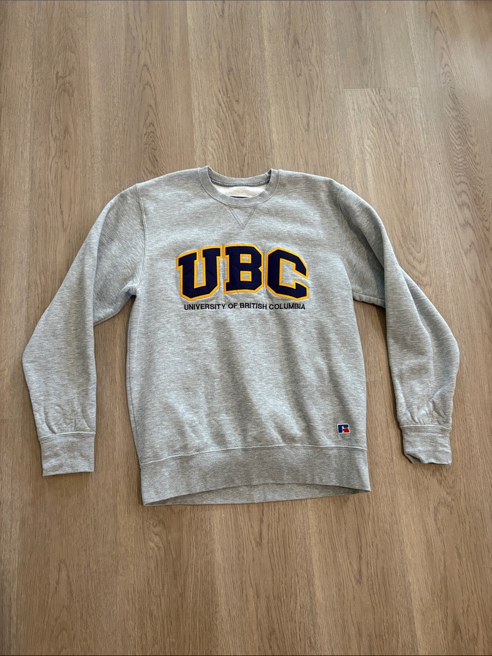 Russell Athletic Grey UBC Crewneck Sweatshirt with Navy & Gold Lettering